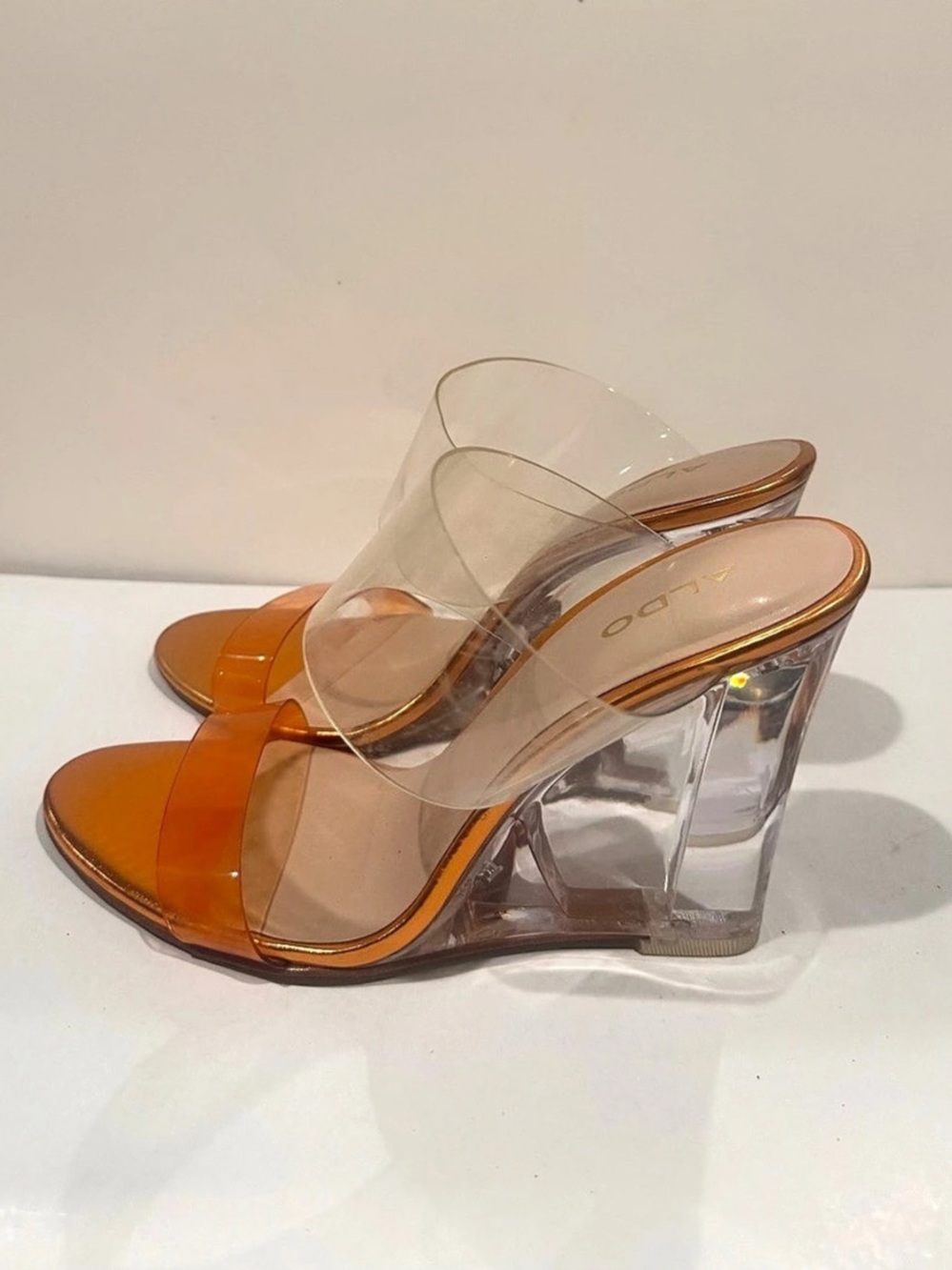 ALDO Clear Strap Block Heel Sandals Orange & Clear US 7